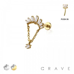 MULTI CZ BAGUETTE BEZEL DANGLE CHAIN TOP 316L SURGICAL STEEL THREADLESS (PUSH IN ) LABRET SET